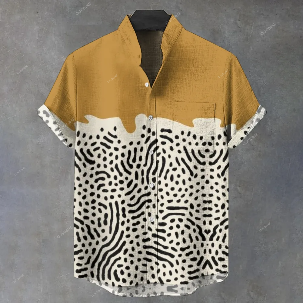 Men's Stand Collar Abstract Irregular Geometric Printed Short Sleeve Shirt