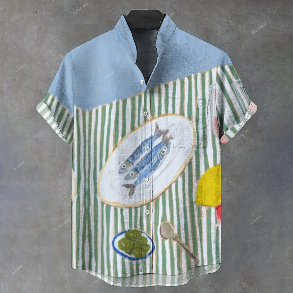 Men's Stand Collar Stripe Patchwork Fish Printed Short Sleeve Shirt