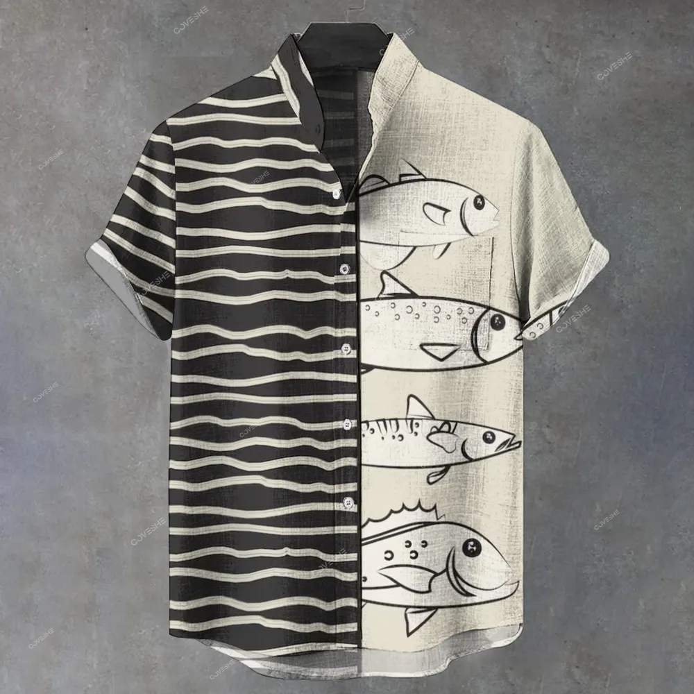 Men's Stand Collar Fish Patchwork Printed Short Sleeve Shirt