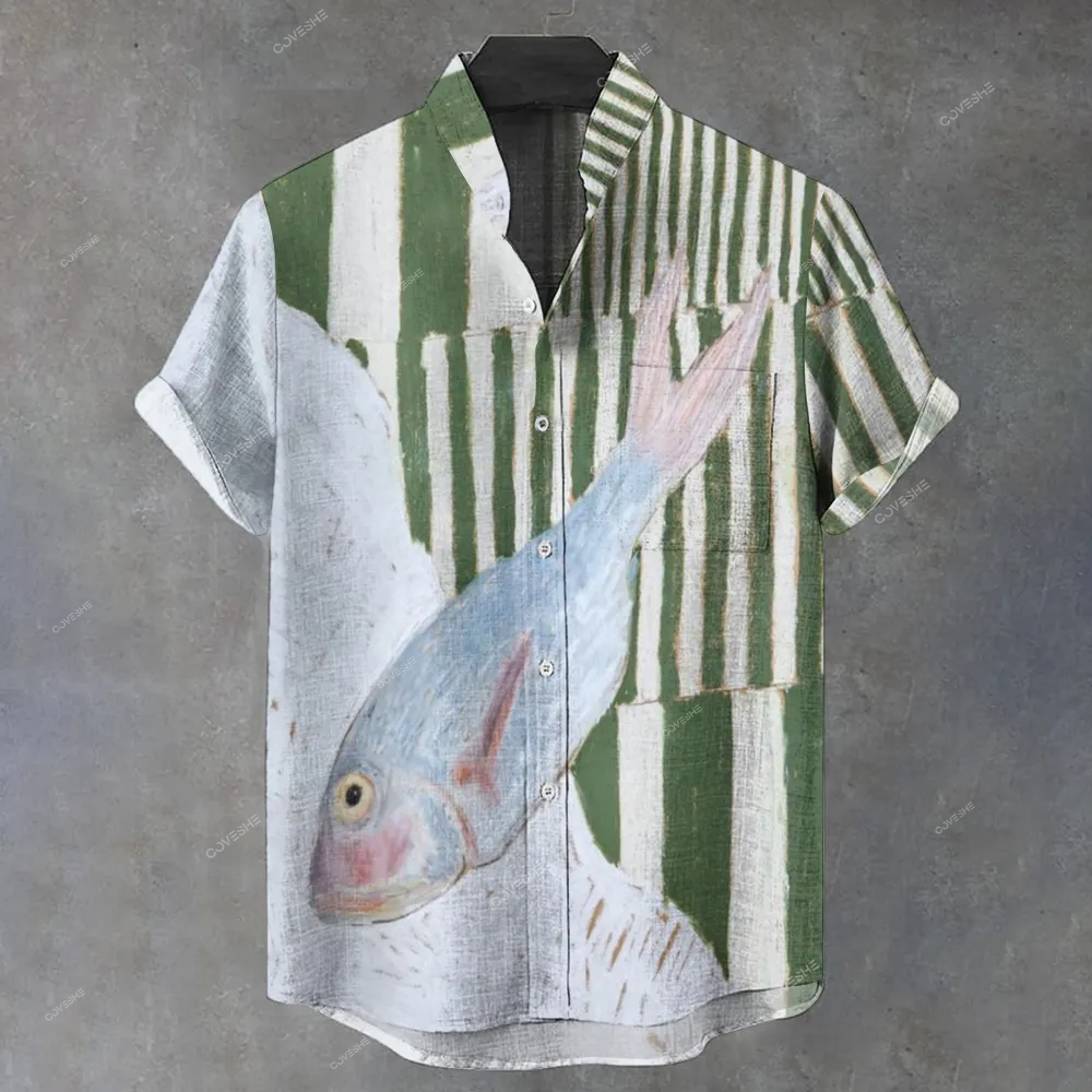 Men's Stand Collar Fish Stripe Printed Short Sleeve Shirt