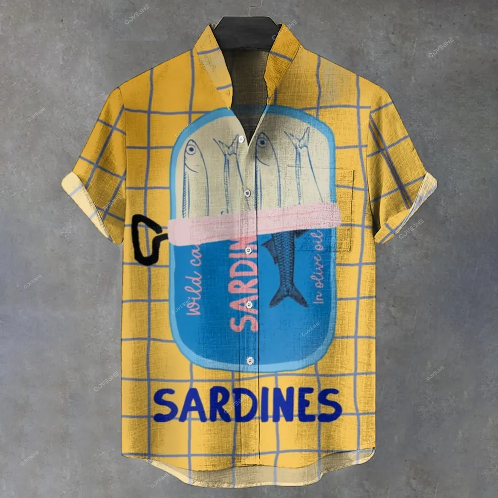 Men's Stand Collar Plaid Sardines Printed Short Sleeve Shirt