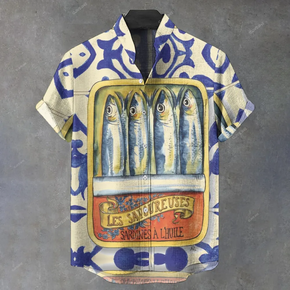 Men's Stand Collar Sardines Abstract Printed Short Sleeve Shirt