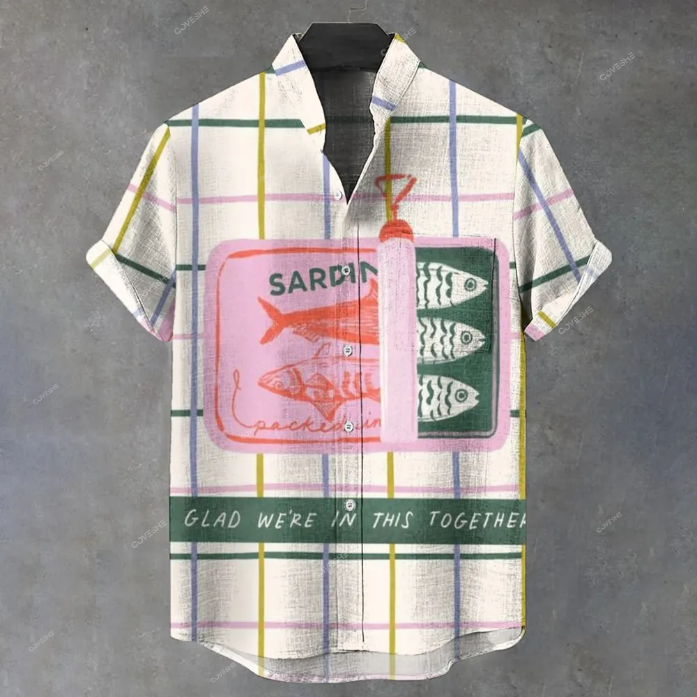 Men's Stand Collar Plaid Sardines Printed Short Sleeve Shirt
