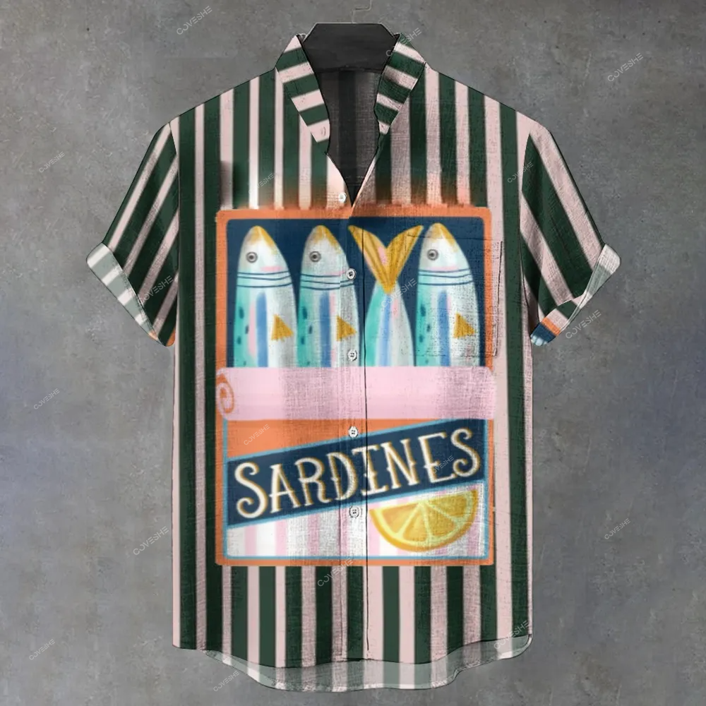 Men's Stand Collar Stripe Sardines Printed Short Sleeve Shirt