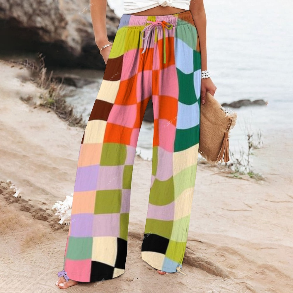 Women's Colorful Geometric Grid   Wide Leg Casual Pants