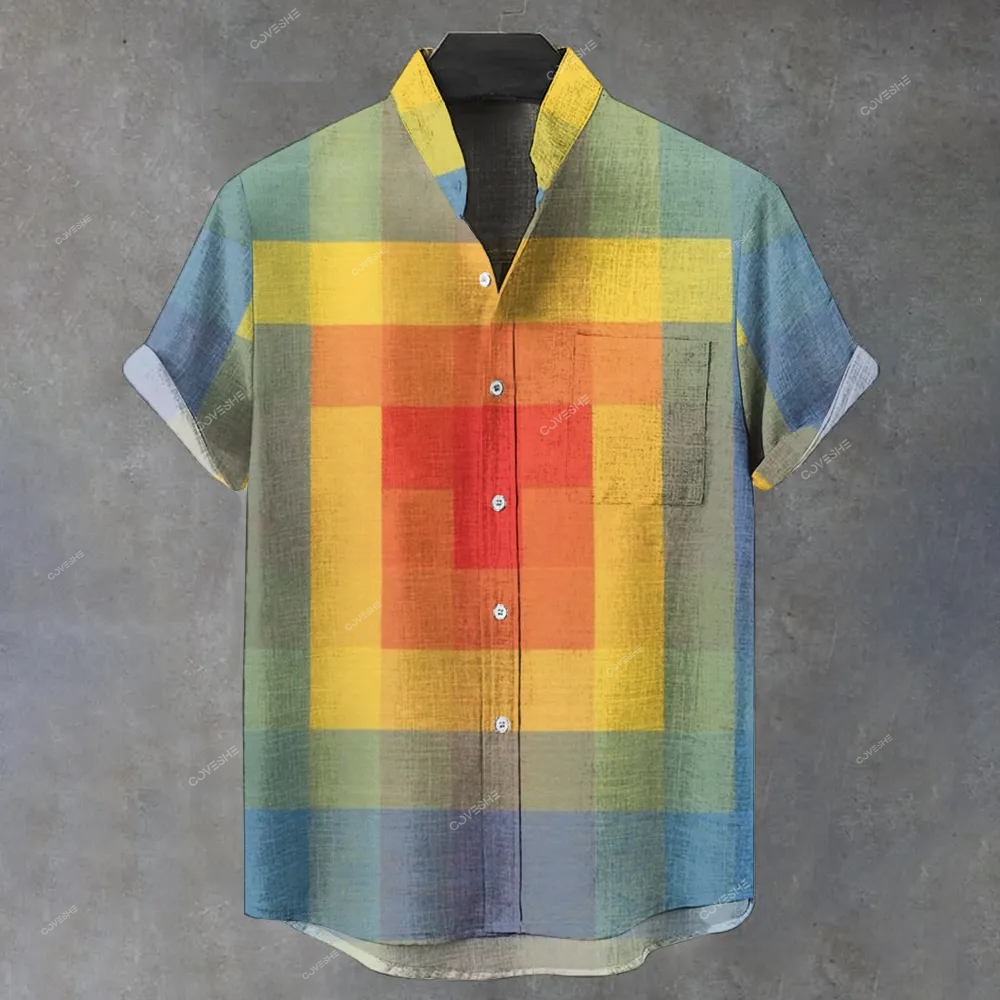 Men's Stand Collar Plaid Printed Short Sleeve Shirt