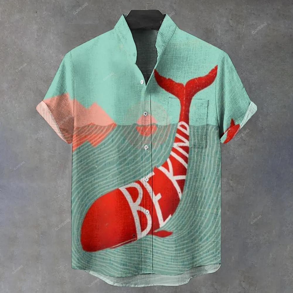 Men's Stand Collar Be Kind Red Whale Printed Short Sleeve Shirt
