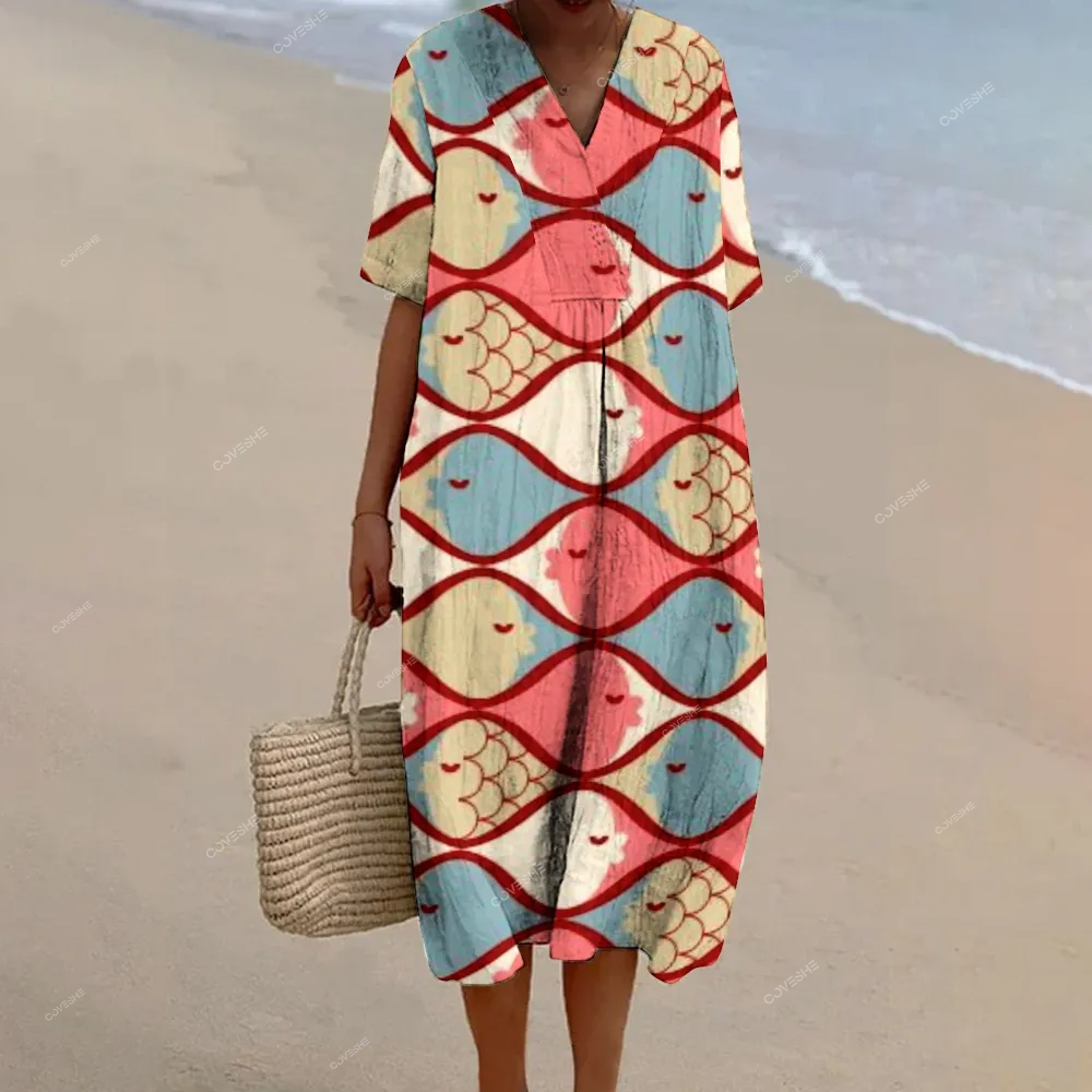 Women's Colorblock Fish Print Flowy   Dress