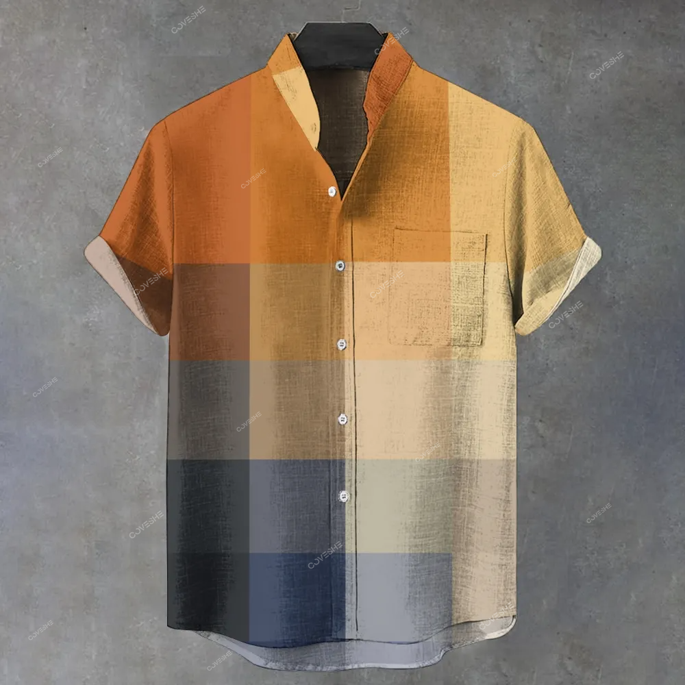 Men's Stand Collar Yellow Blue Art Mosaic Gradient Art Print Casual Cotton Shirt