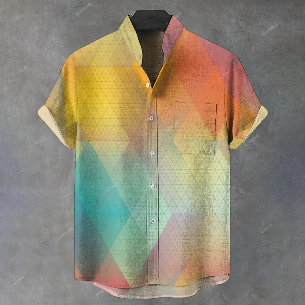 Men's Stand Collar Printed Gradient Diamond Pattern Short Sleeve Shirt