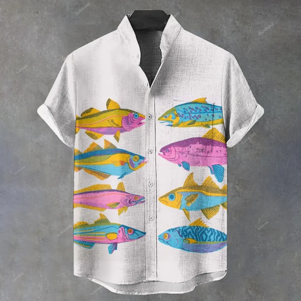 Men's Stand Collar Fish Art Printed Short Sleeve Shirt