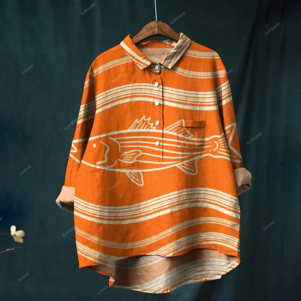Women's Stripes And Fish Print Casual   Shirt