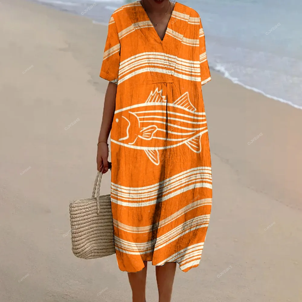 Women's Stripes And Fish Print Flowy   Dress