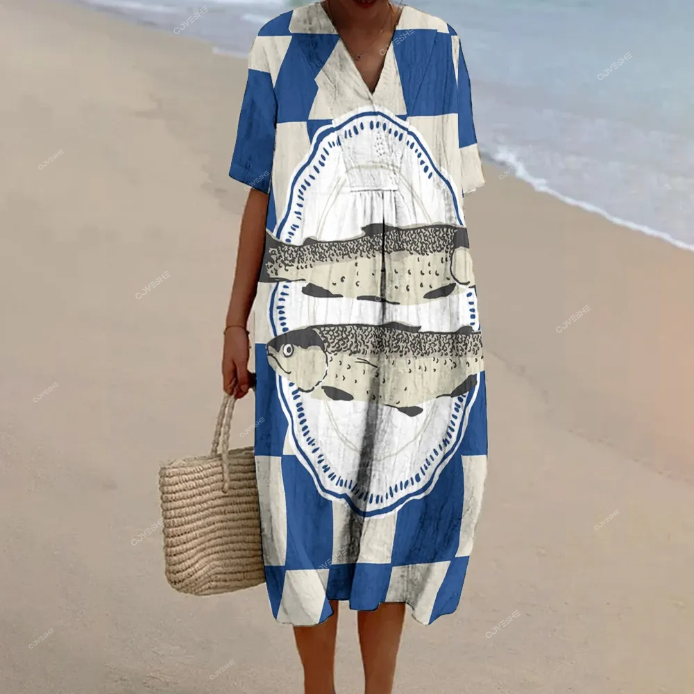 Women's Grid And Fish Print Flowy   Dress