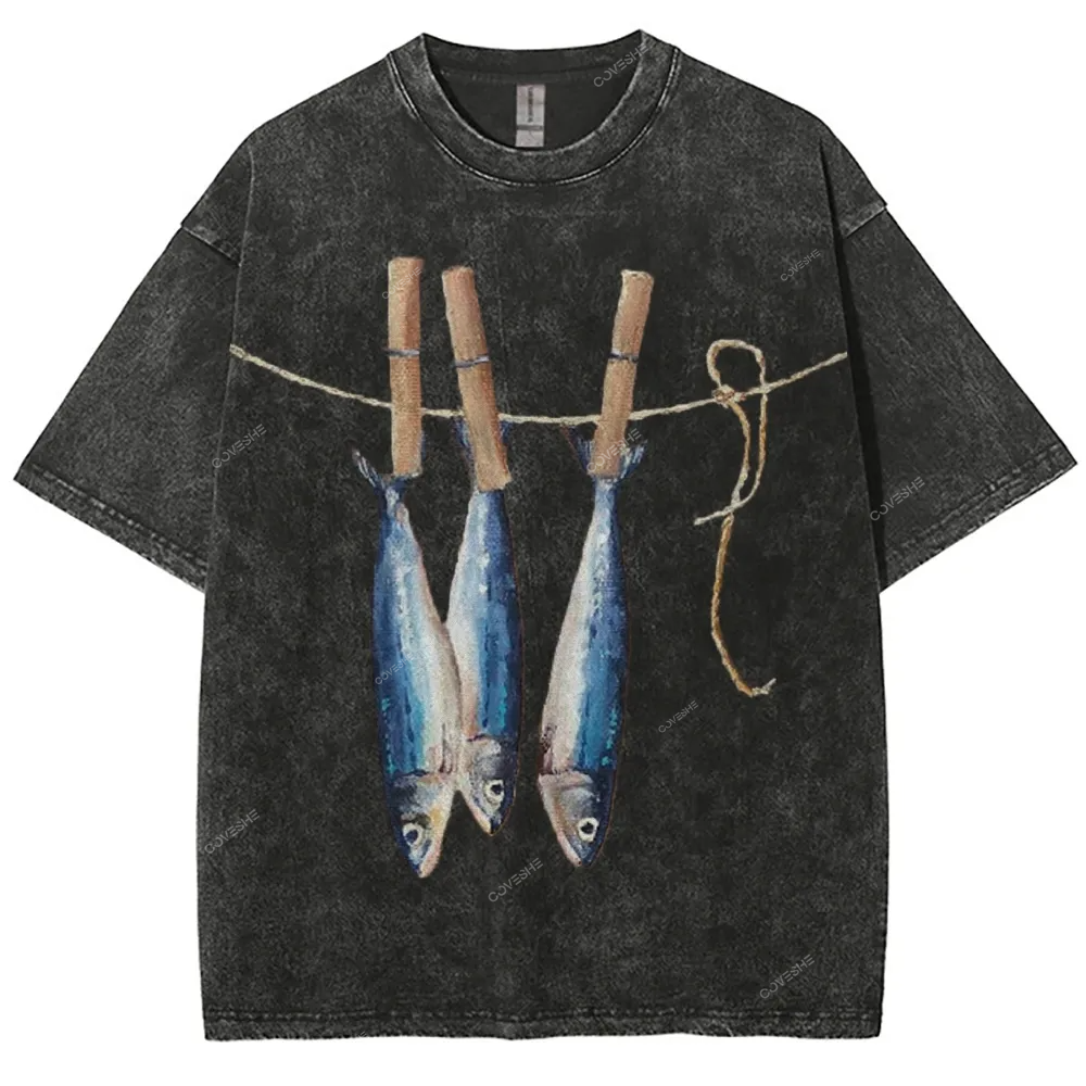 Unisex Sardines Printed Casual Washed T-shirt