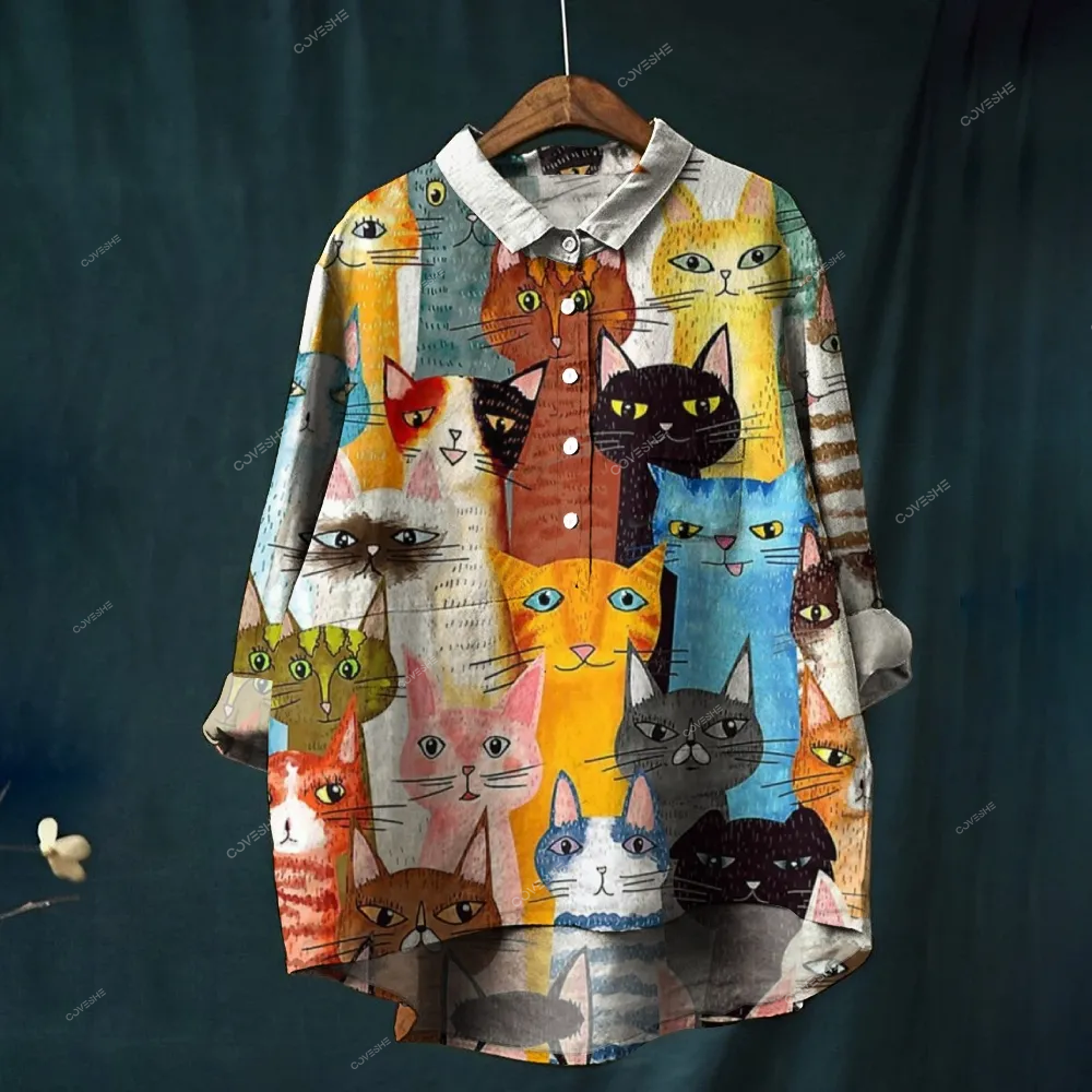 Women's Colorful Kitten Print Casual   Shirt