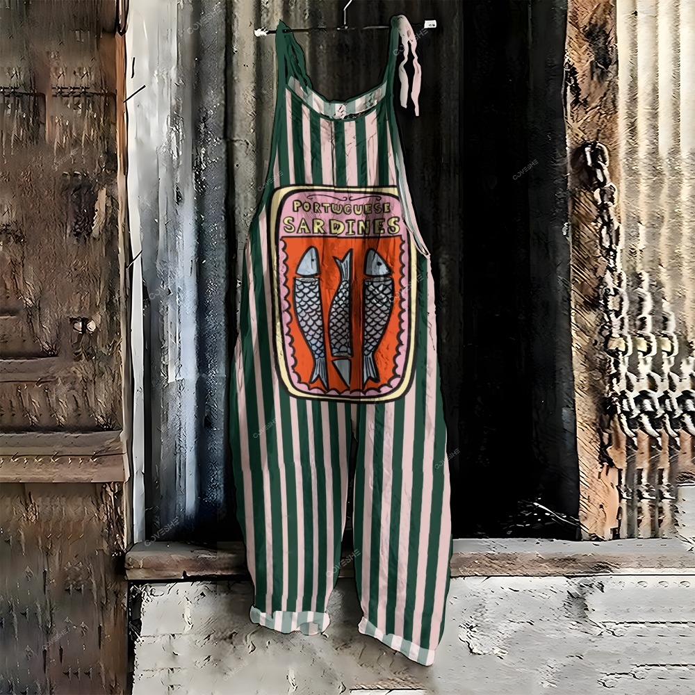 Women's Canned Sardines with Pink and Green Lines Print Casual Wide Leg Jumpsuit