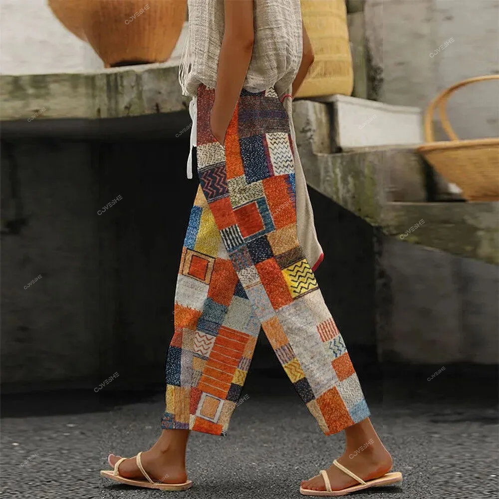 Women's Color Block Plaid Print Trousers