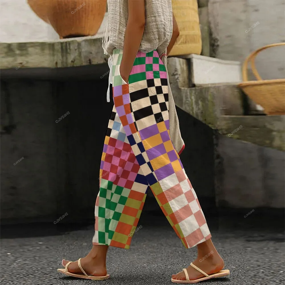 Women's Color Block Plaid Trousers
