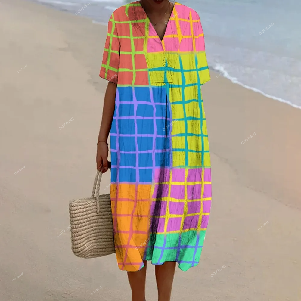 Women's Colorful Plaid Print Flowy   Dress
