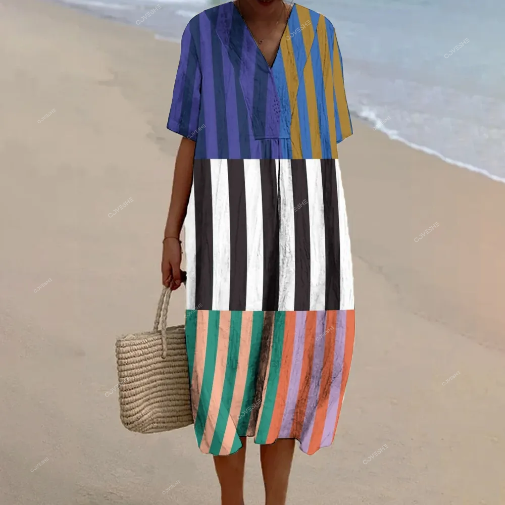 Women's Colorblock Stripe Print Flowy   Dress