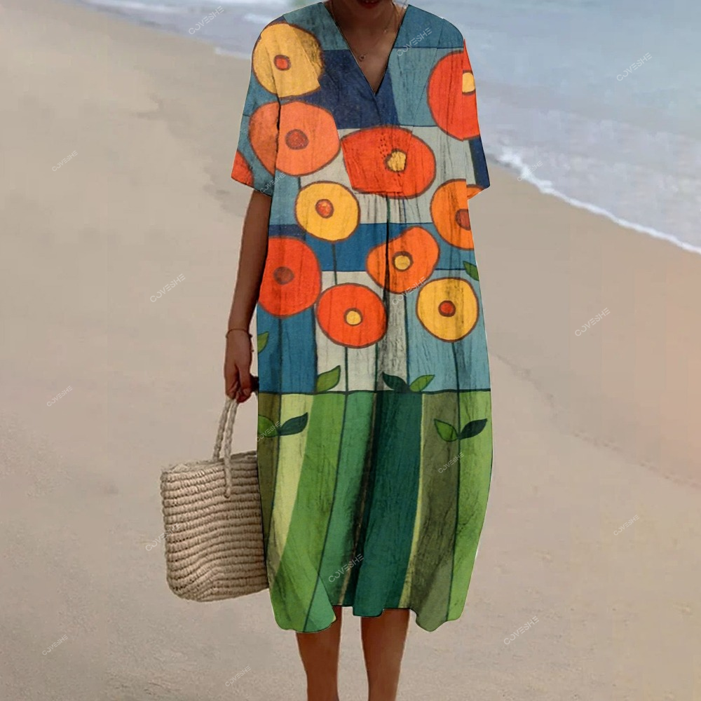 Women's Colorblock Flower Art Print Flowy   Dress