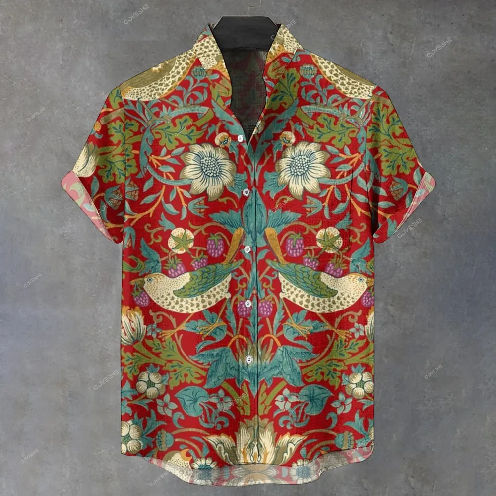 Men's Stand Collar Vintage Red Floral And Bird Art Printed Short Sleeve Shirt