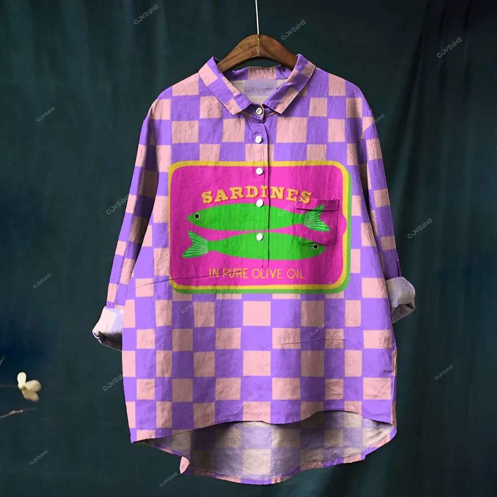Women's Square Canned Sardines Print Casual Shirt
