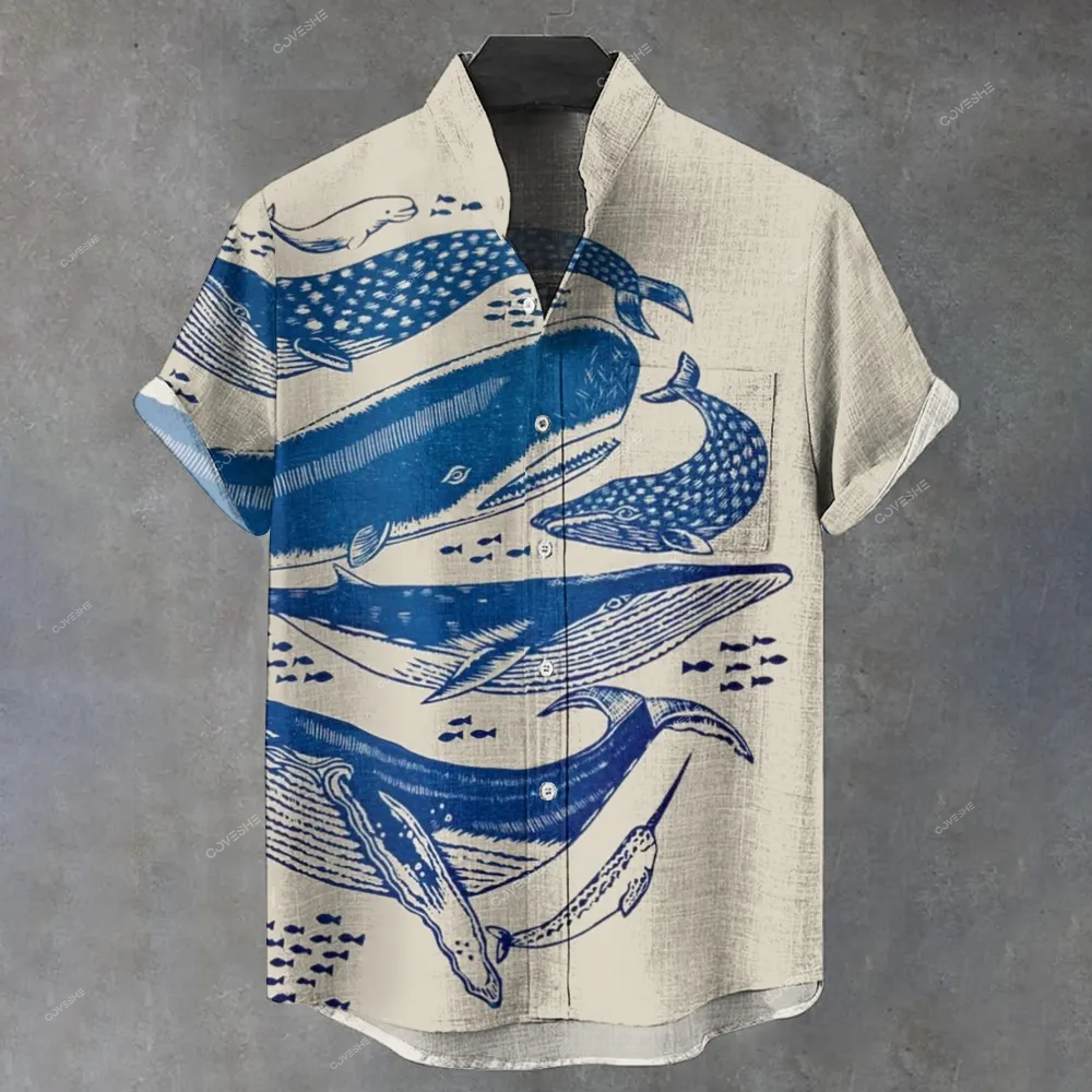 Men's Stand Collar Vintage Whale Shark Art Printed Short Sleeve Shirt