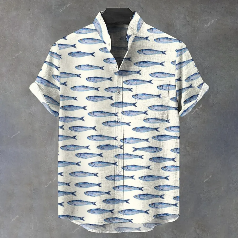 Men's Stand Collar Printed With Small Blue Fish Vintage Short Sleeve Shirt