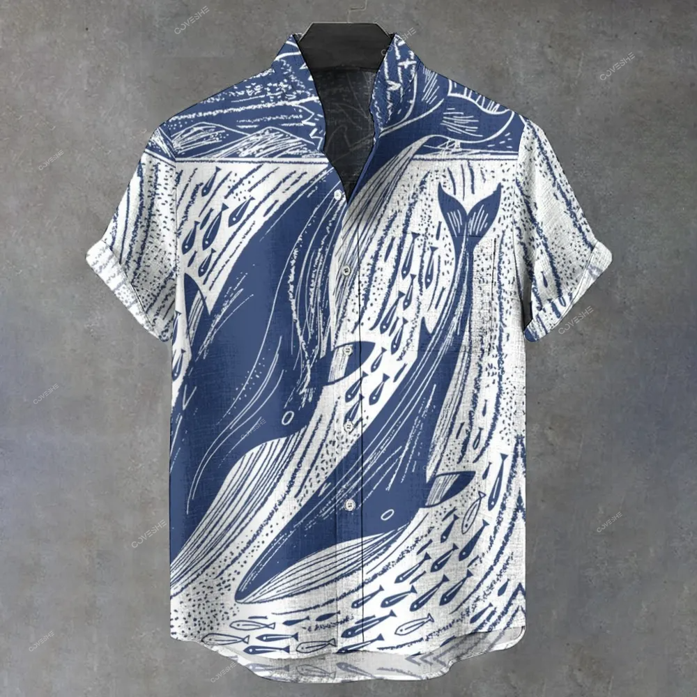Men's Stand Collar Vintage Whale Shark Art Printed Short Sleeve Shirt