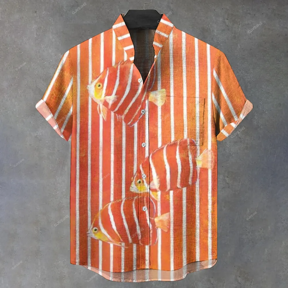 Men's Stand Collar Stripe Art Fish Printed Short Sleeve Shirt