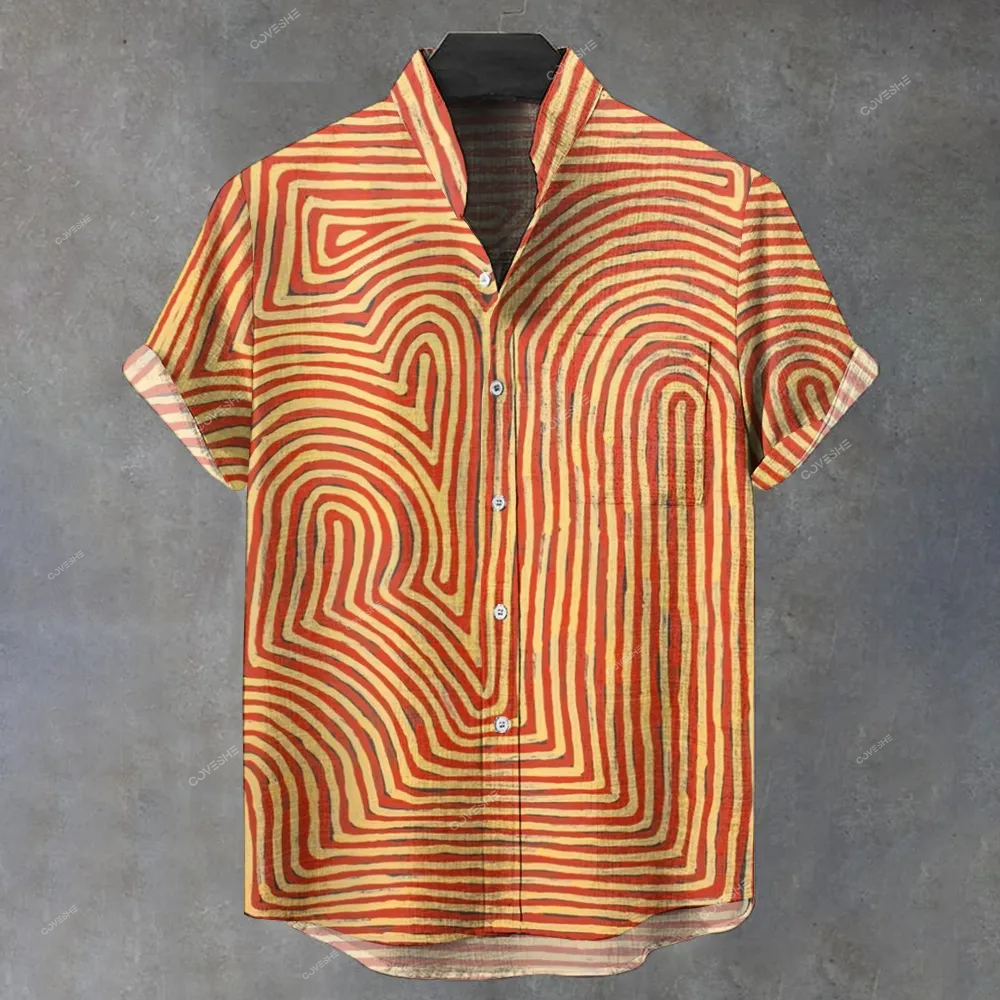 Men's Stand Collar Abstract Printed Short Sleeve Shirt