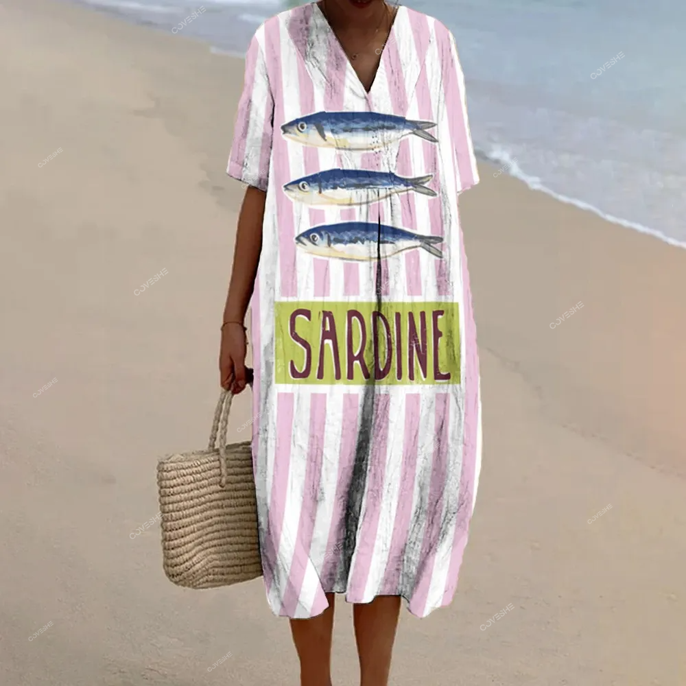Women's Striped Sardines Printed Flowy Dress