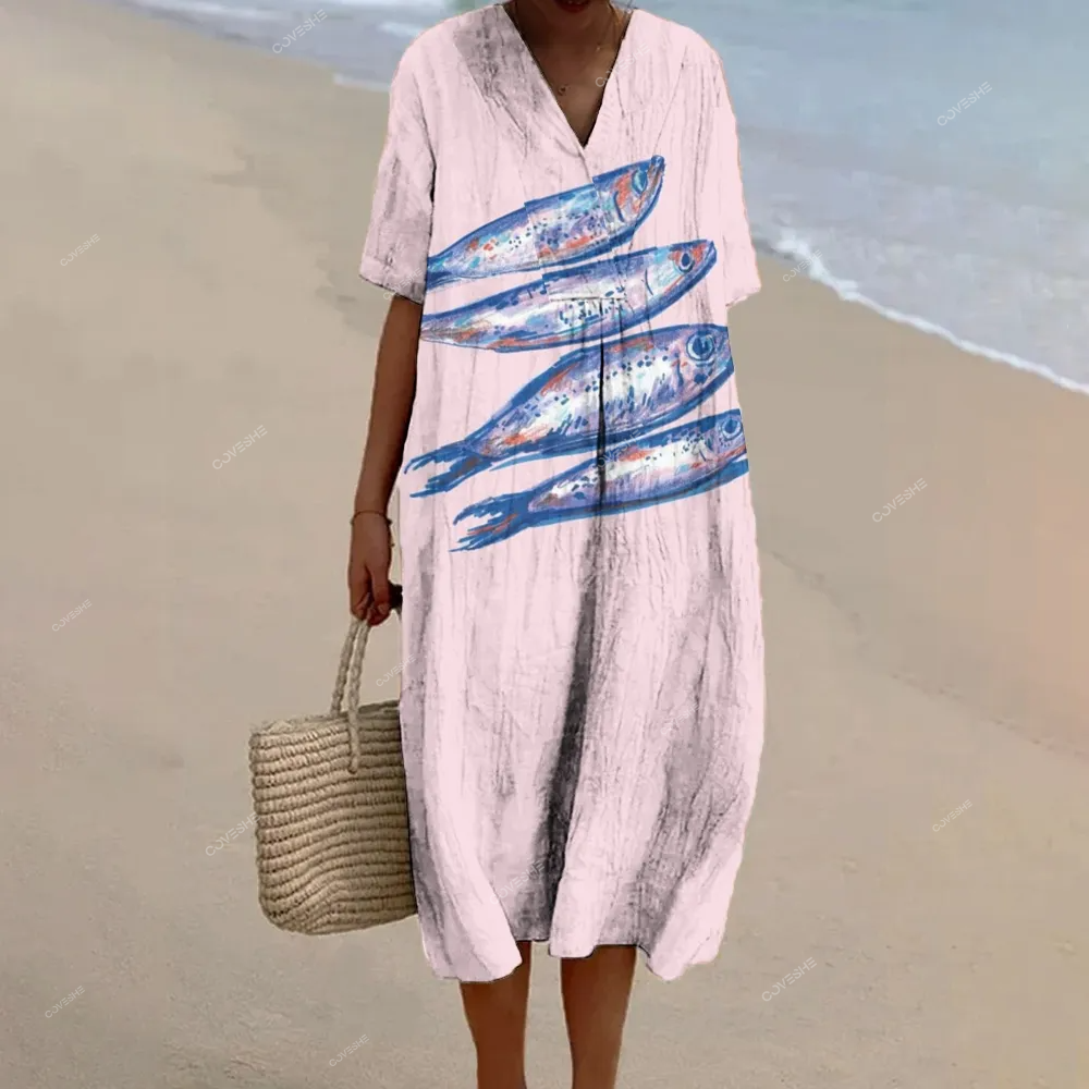 Women's Fish Printed Flowy Dress