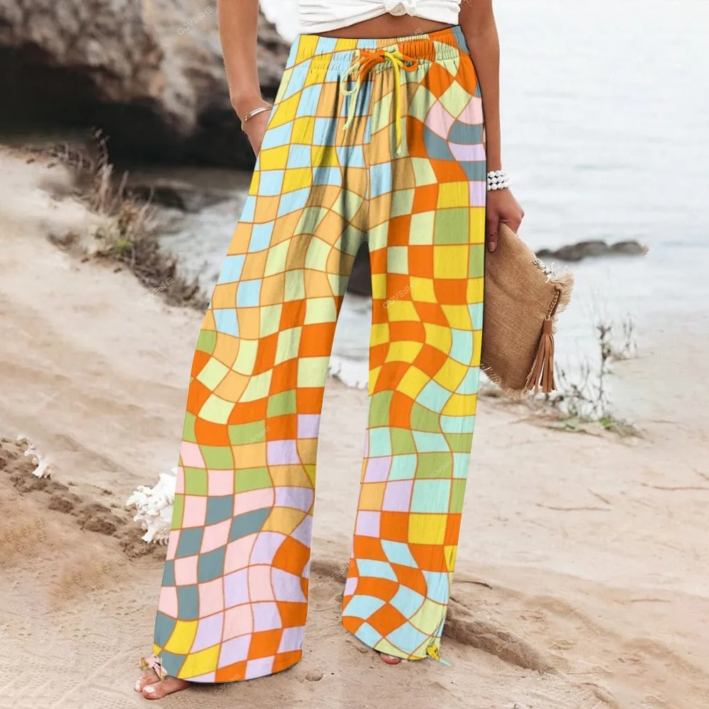 Women's Wide Leg Casual Colorful Plaid Printed Pants