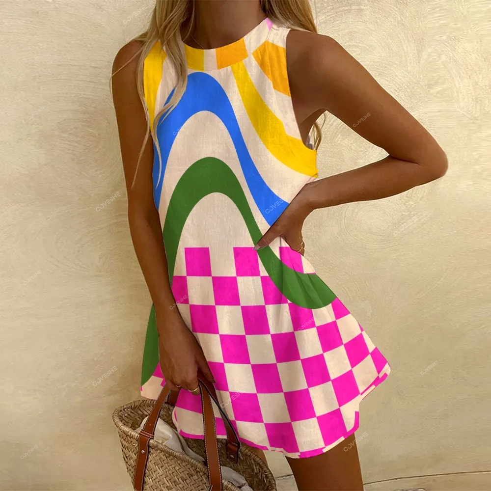 Women's Sleeveless Color Line And Square Printed Dress