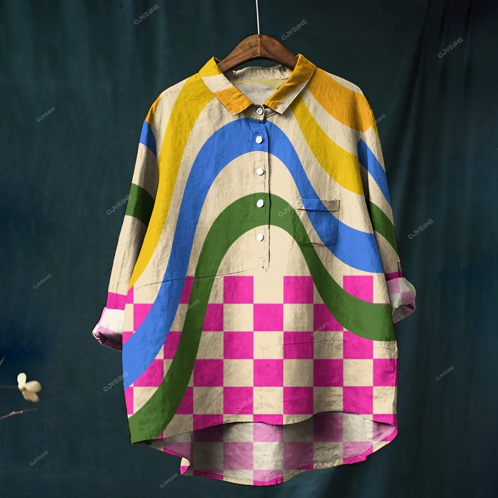 Women's Color Line And Square Printed Casual Shirt