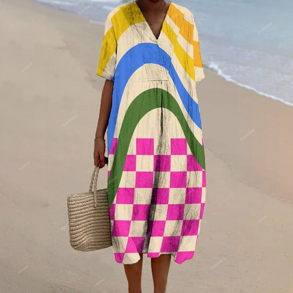 Women's Color Line And Square Printed Flowy Dress