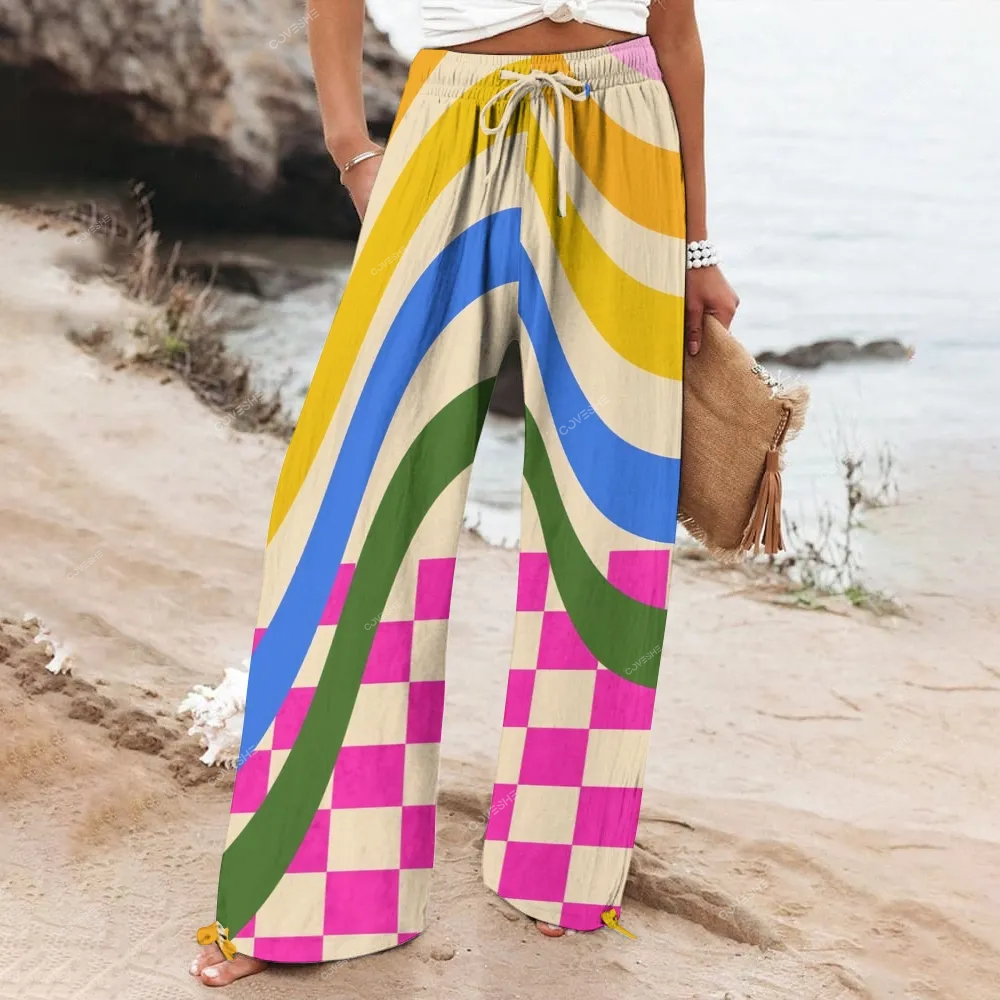 Women's Wide Leg Casual Color Line And Square Printed Pants