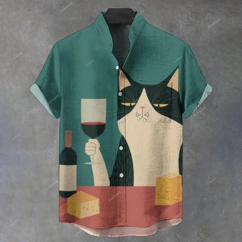 Men's Stand Collar Interesting Simple Drinking Cat Art Printed Short Sleeve Shirt