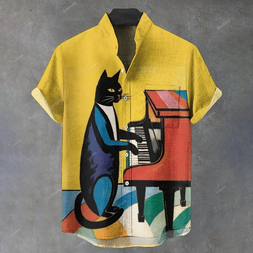 Men's Stand Collar Retro Playing Piano Cat Printed Short Sleeve Shirt