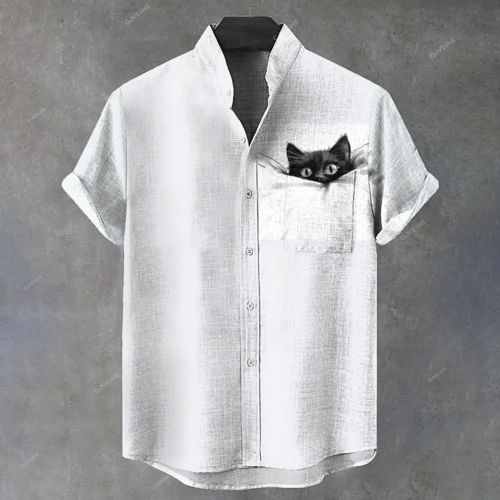 Men's Stand Collar Pocket Black Cat Art Printed Short Sleeve Shirt