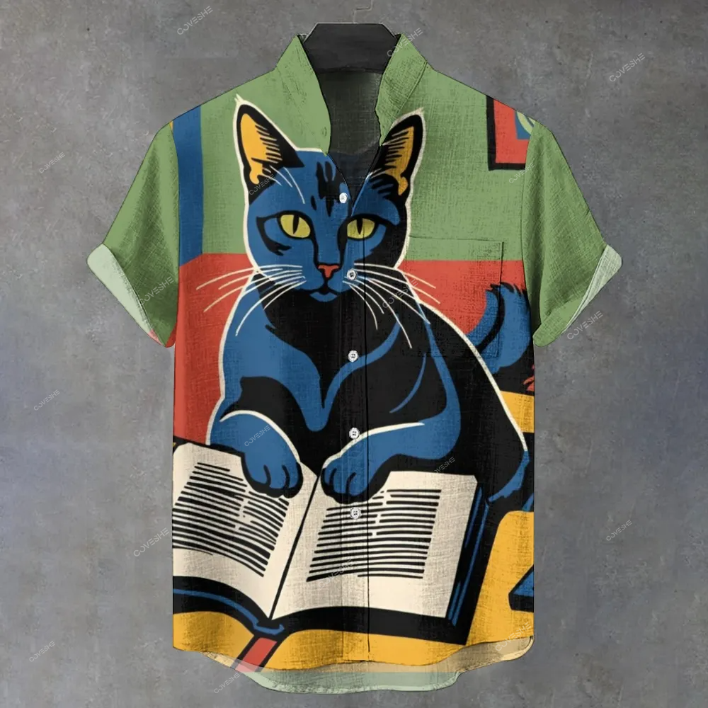 Men's Stand Collar Reading Cat Printed Short Sleeve Shirt
