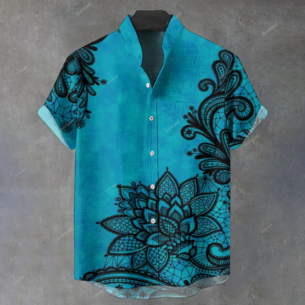 Men's Stand Collar Vintage Ethnic Mandala Pattern Art Printed Short Sleeve Shirt