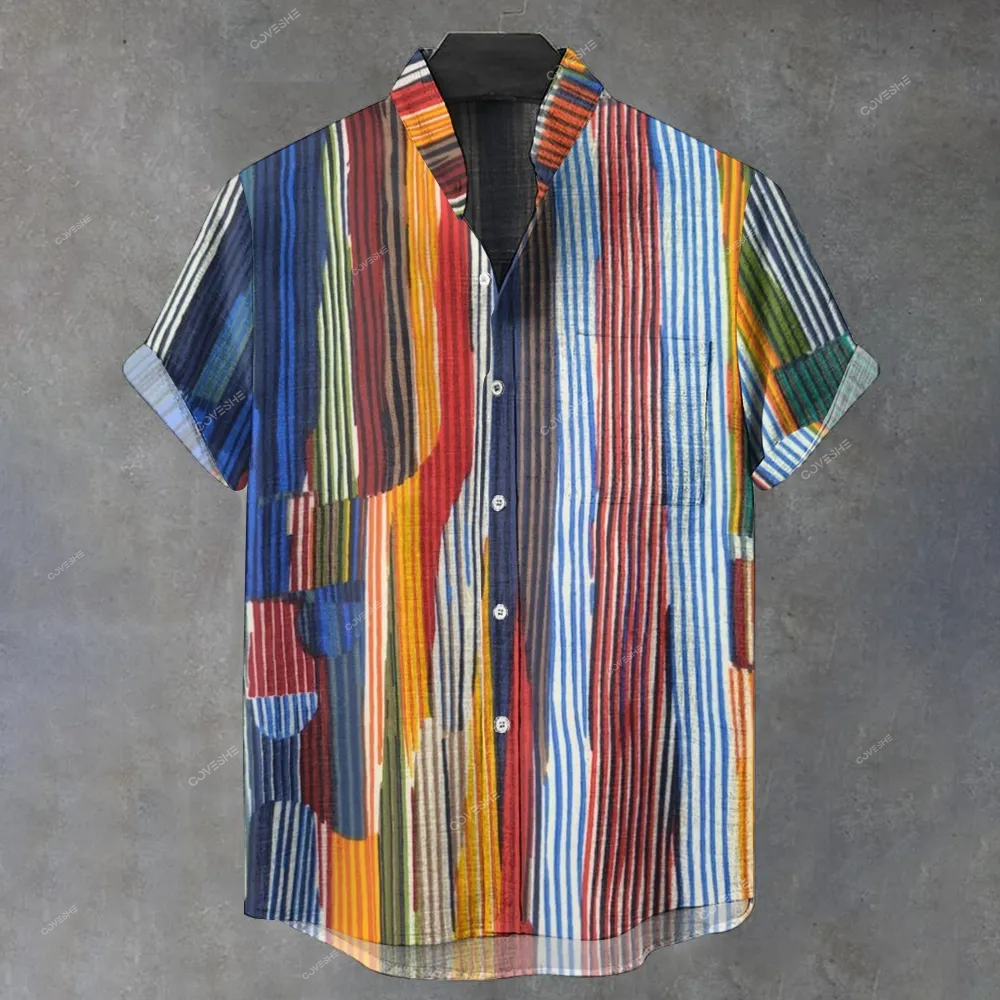 Men's Stand Collar Colorful Stripe Printed Short Sleeve Shirt