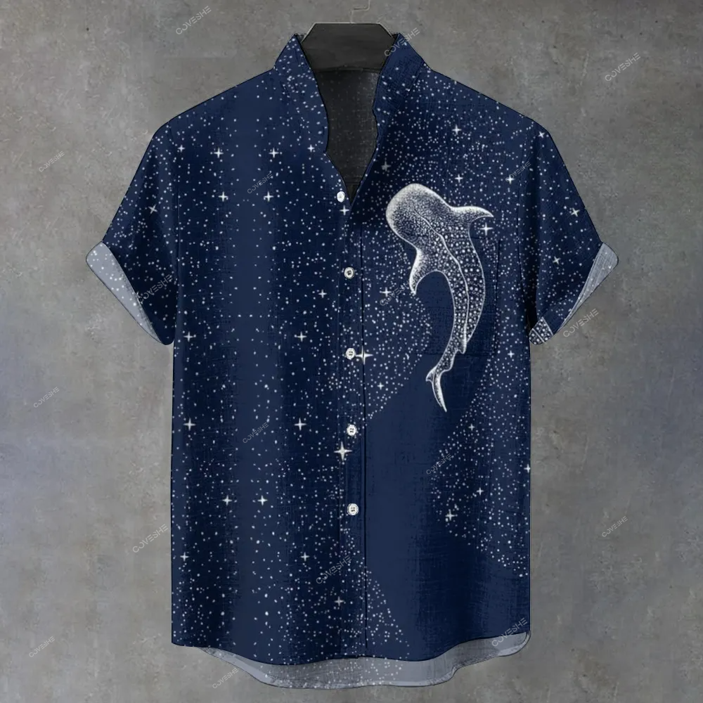 Men's Stand Collar Whale Under The Stars Printed Short Sleeve Shirt