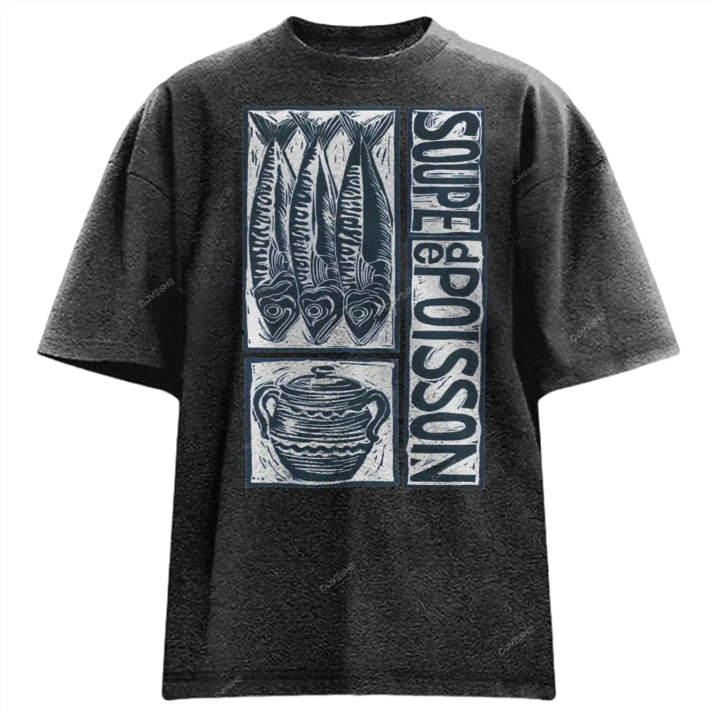 Unisex Sardines Print Washed Tee