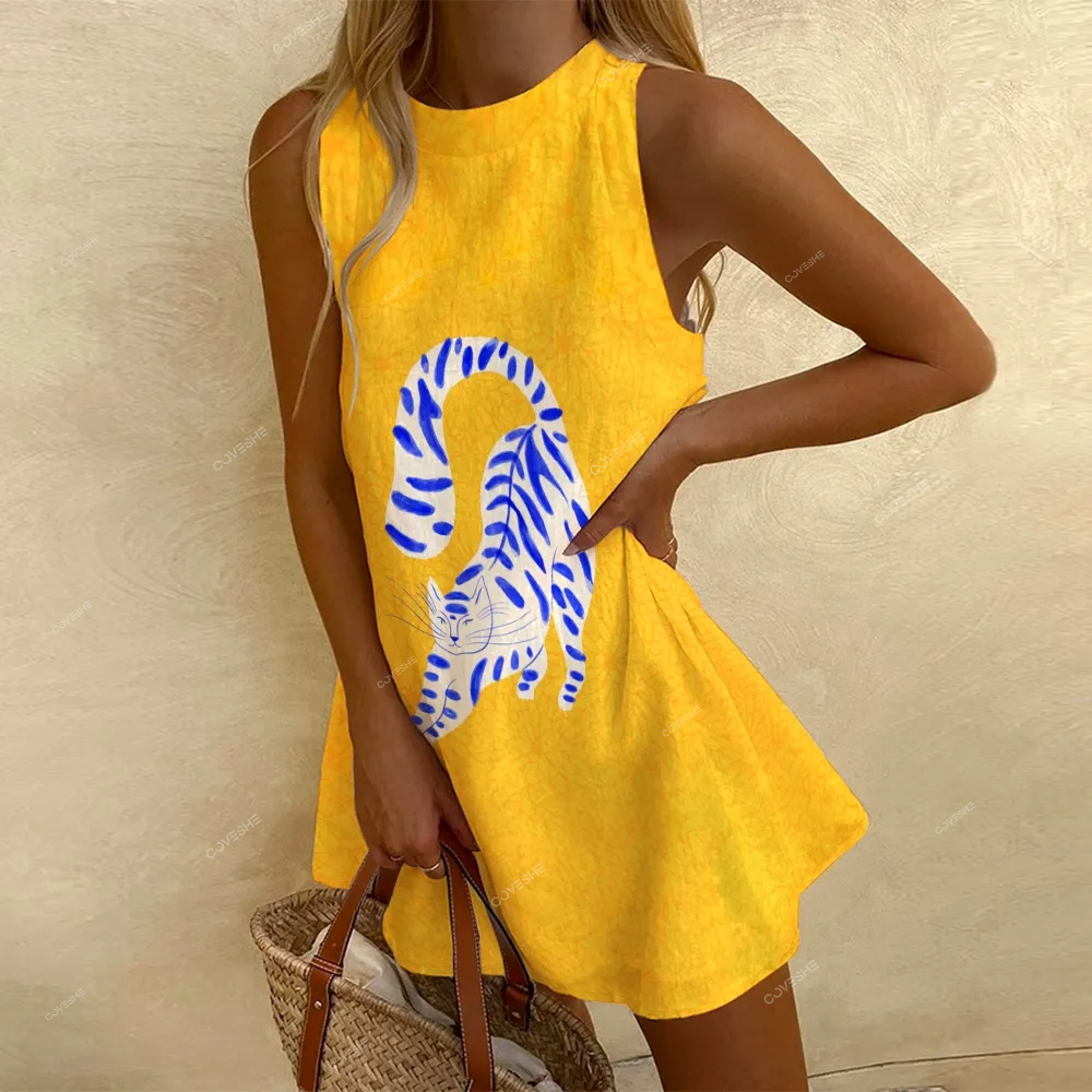 Women's Sleeveless Cat Printed Dress