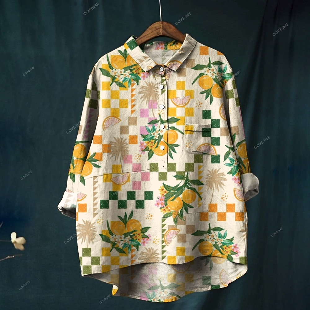 Women's Squares And Fruits Printed Casual Shirt